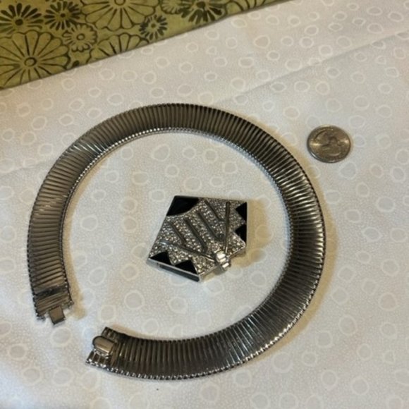 VTG CINER Silver Wide Omega Choker Rhinestone Black Enamel Pendant NECKLACE - Picture 8 of 9